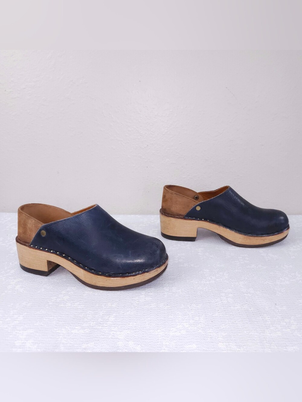 Multnomah Vintage Leather Clogs US 8.5 Blue Brown Platform Shoes - Picture 2 of 11
